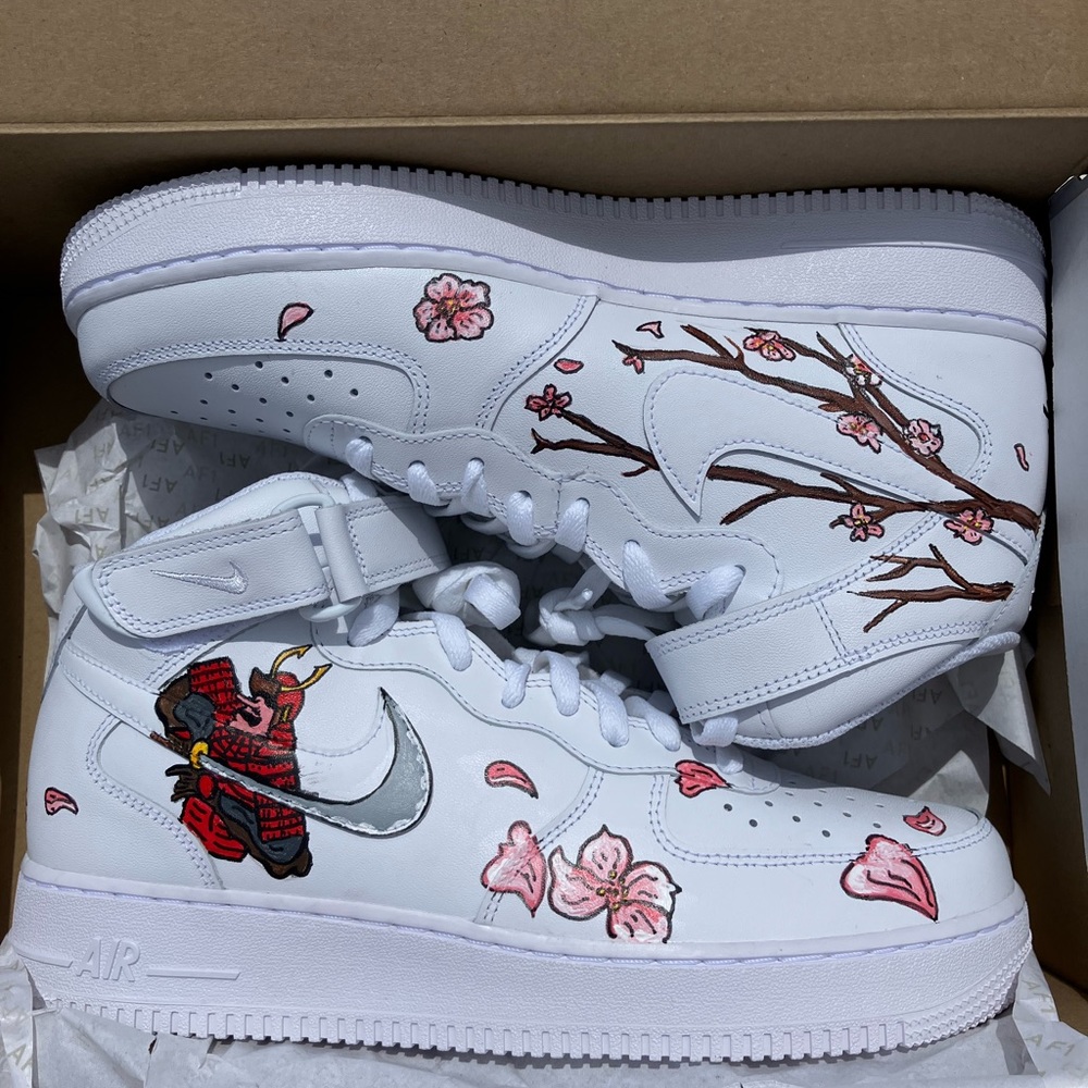 Nike Air Force 1 mid white mens 10 samurai cherry blossom flower design